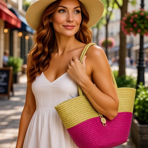 Straw Tote: Woven Wheat Straw Tote - 2 Tones - Fuchsia - BG-R11053FU
